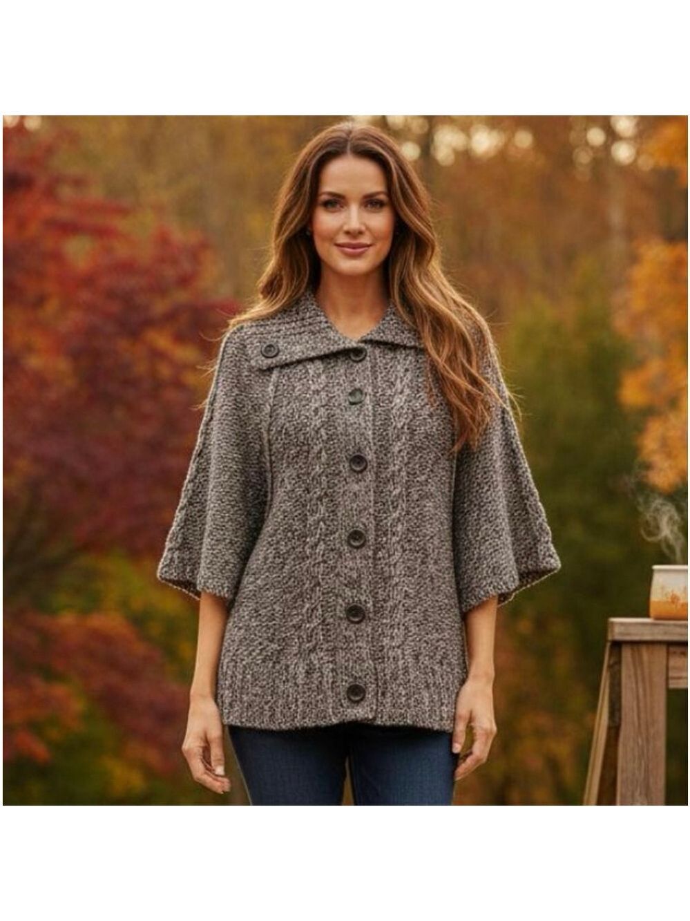 Y2K Chunky Marled Knit Button Front Cardigan Sweater Coat Gray Brown Women L-XL
